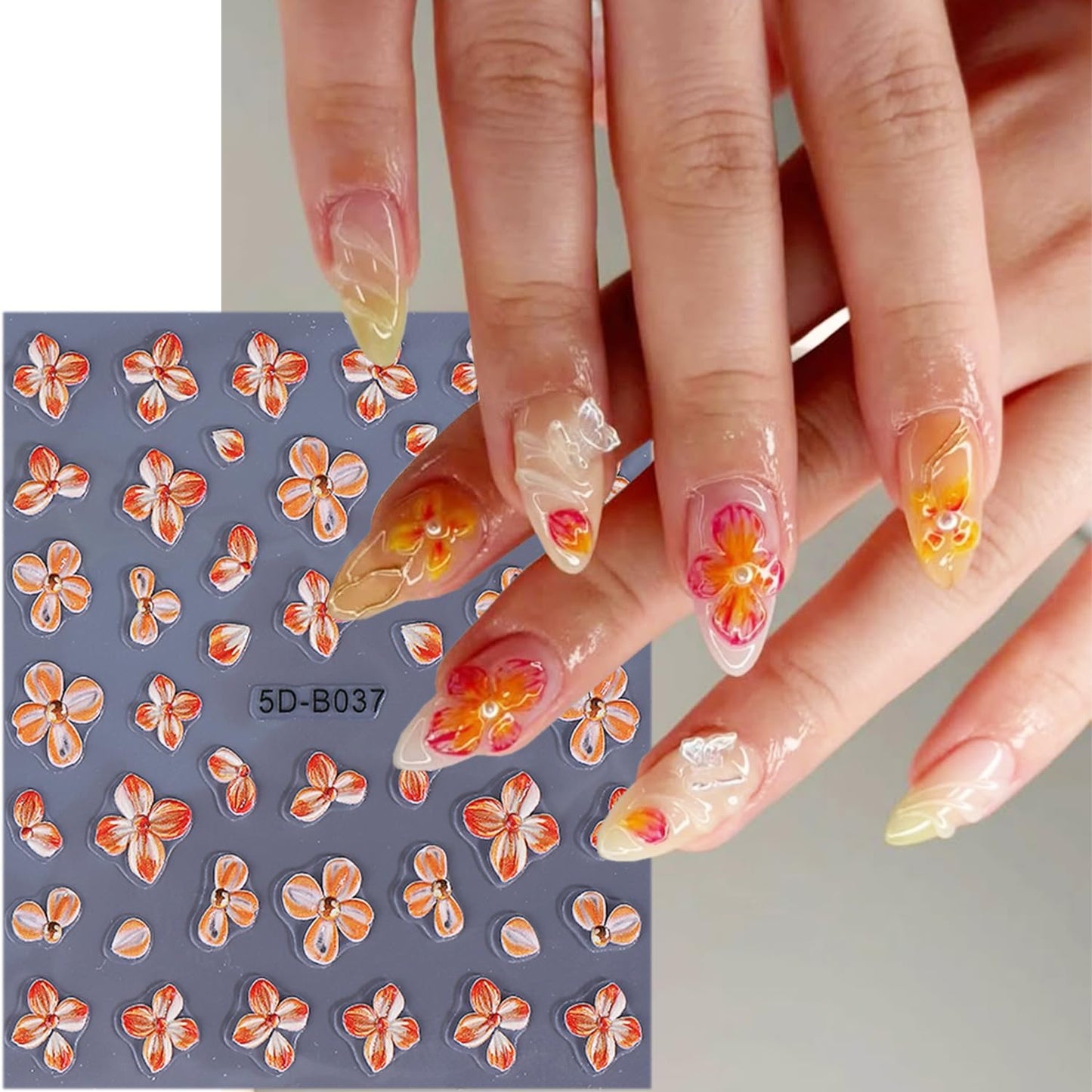 1 Sheets 5D Embossed Flower Nail Decals for Nail Art Self-Adhesive Cute Floral Nail Art Stickers Hawaii Flowers Nail Stickers Fall Nail Design Sticker for Women DIY Nail Decoration