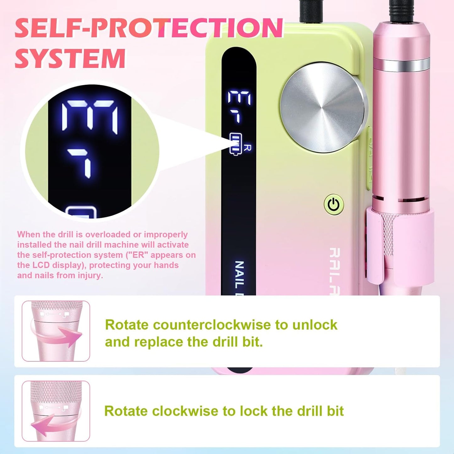 Electric Nail File, 35000RPM Nail Drill Kit with Bits, Professional Nail Drill Cordless for Acrylic Nails, Portable Rechargeable Nail Filer Electric, Efile Nail Drill Acrylic Nails Tool (Yellow Pink)