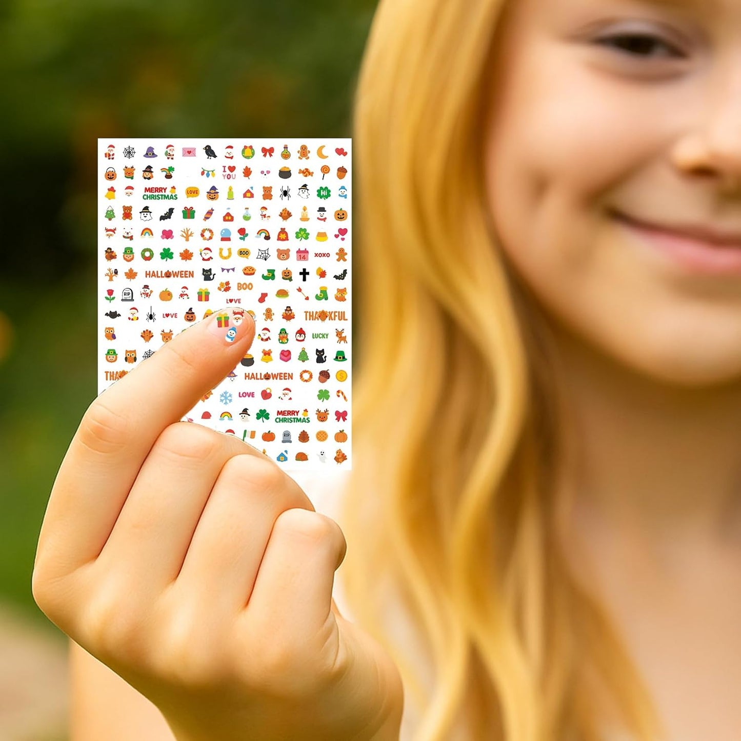 Mini Nail Stickers for Kids - 1200 Pcs All Holiday Favors for Little Girl, 11 Holidays 3D Cute Halloween, Christmas Designs - DIY Home Nail Art Decals for Toddler Easter Basket (6 Sheets)