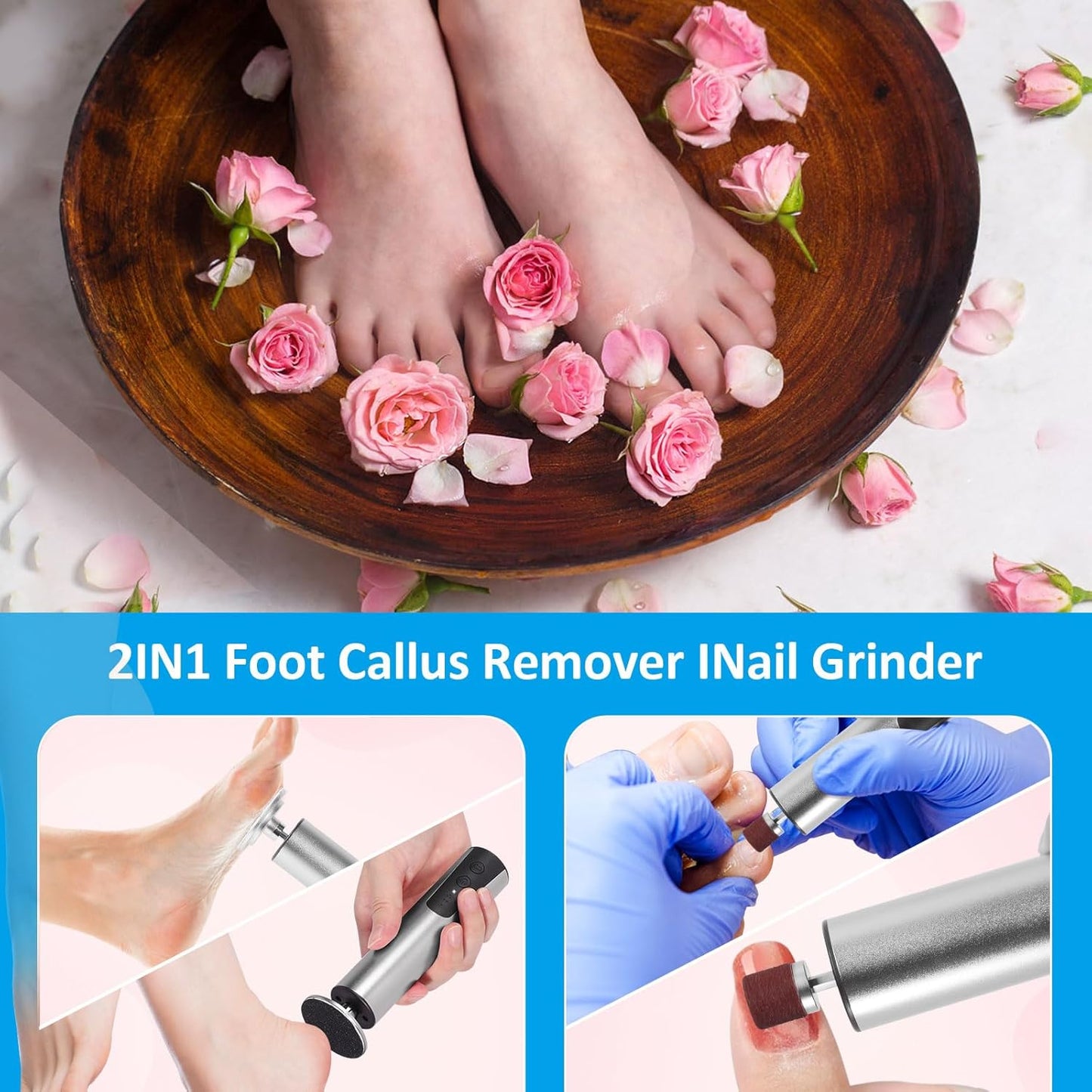 Electric Callus Remover for Feet, 6-Speed Pedicure Tool with 2-in-1 Rechargeable Foot File Callus Remover with USB Charging & 3 Types of Sandpaper, Dead Skin Remover for Dry Cracked Heels (Silver)