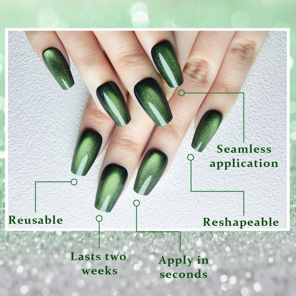 evpct Emerald Green Cat Eye Coffin Press on Nails Square Medium, Medium Square Glue on Nail for Women Gift, Green Metallic Glitter Glossy Reusable Soft Gel Press on Acrylic Fake Nail with Designs