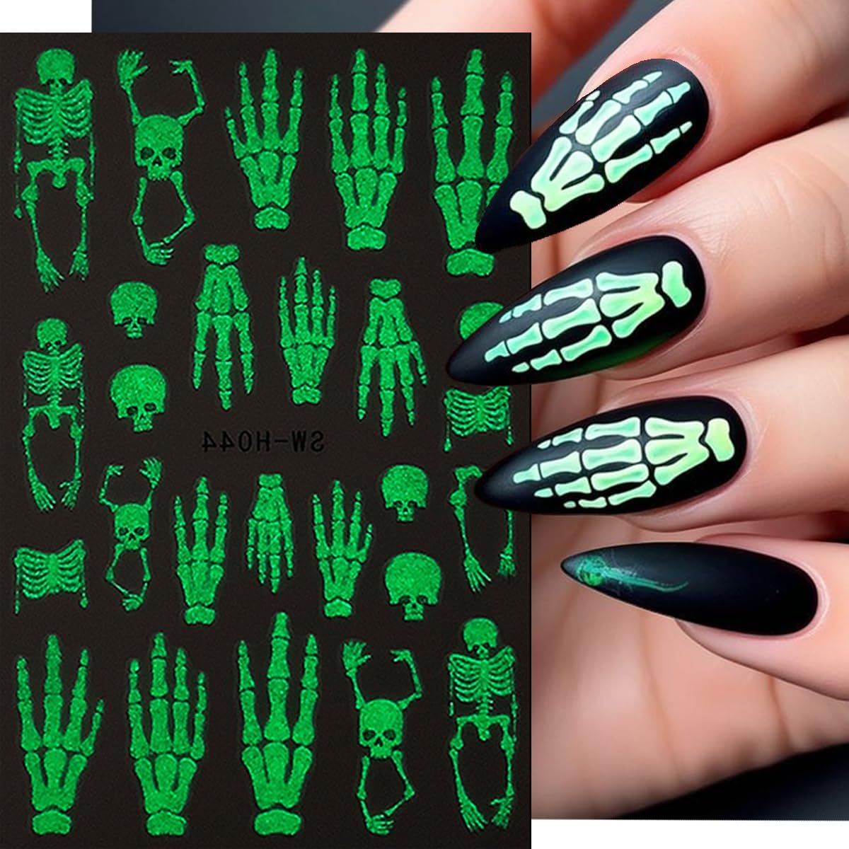 Halloween Nail Art Stickers Decals Horror Skull Spider Web Nail Decals Glow in The Dark Halloween 3D Self-Adhesive Nail Stickers for Nail Art DIY Manicure Tip Holidays Nails Decoration 4 Sheets