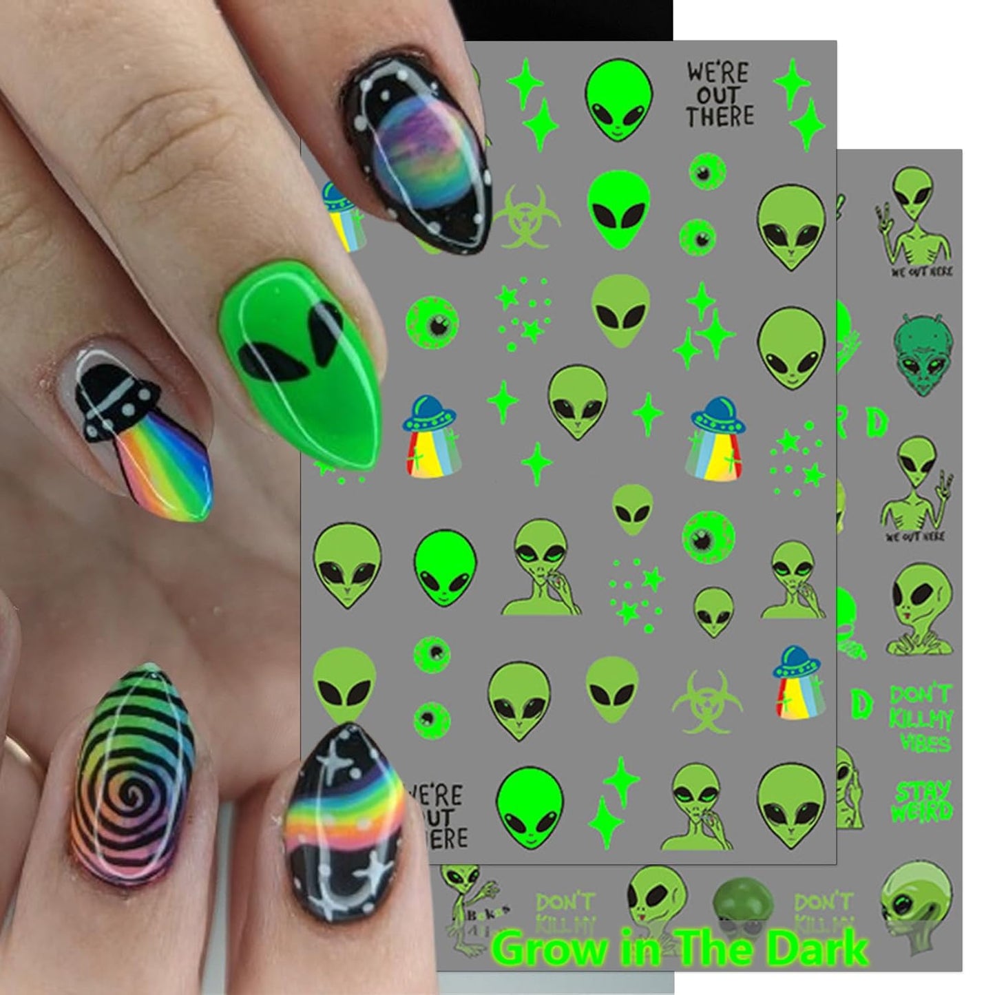 Alien Nail Art Stickers - Glow in The Dark ET UFO Astronaut Rocket Design Self-Adhesive Nail Decals for DIY Extraterrestrial Space Moon Star Manicure (6 Sheets)