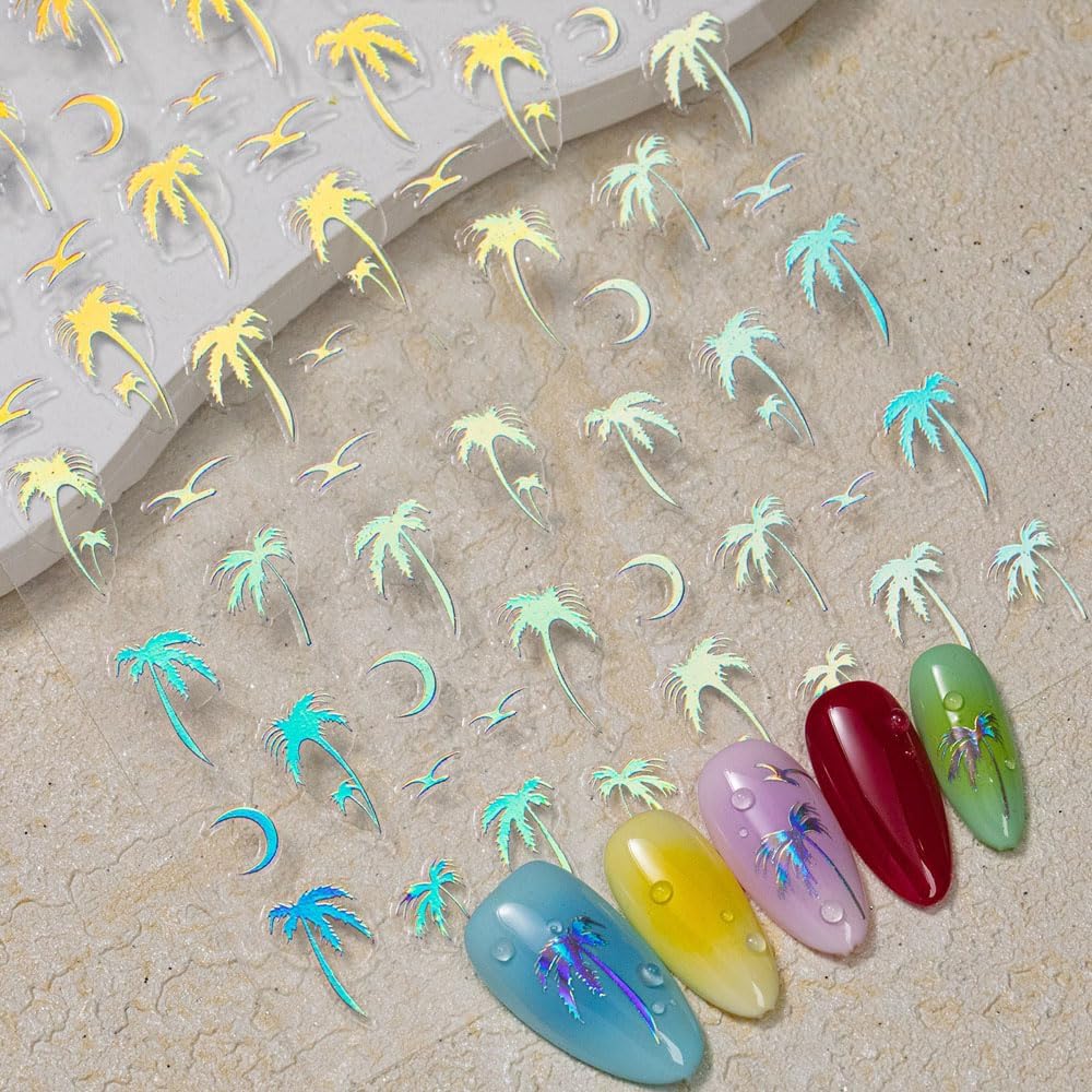12 Sheets Palm Tree Nail Art Stickers, Holographic Black Gold Beach Theme Decals, Self-Adhesive 3D Tropical Seagulls Design for Summer Nail Decoration