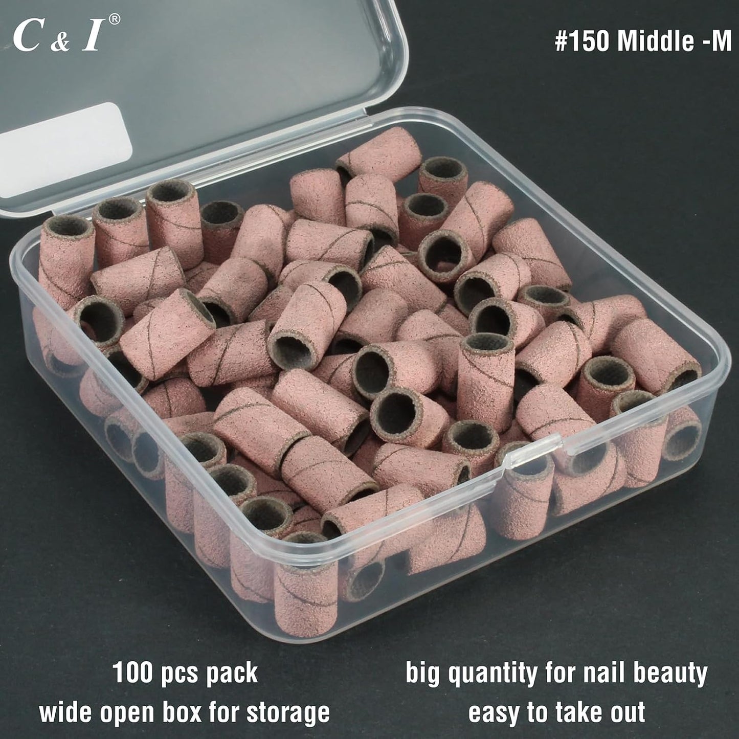C & I Nail Sanding Bands 100 PCS Plus Upgrade Mandrel 1 PC, Nail Drill Bits for Acrylic Gel Nails Remove, Natural Nails Buffer for Nail Prep and Nail Shiner (Pink, #150 Middle)