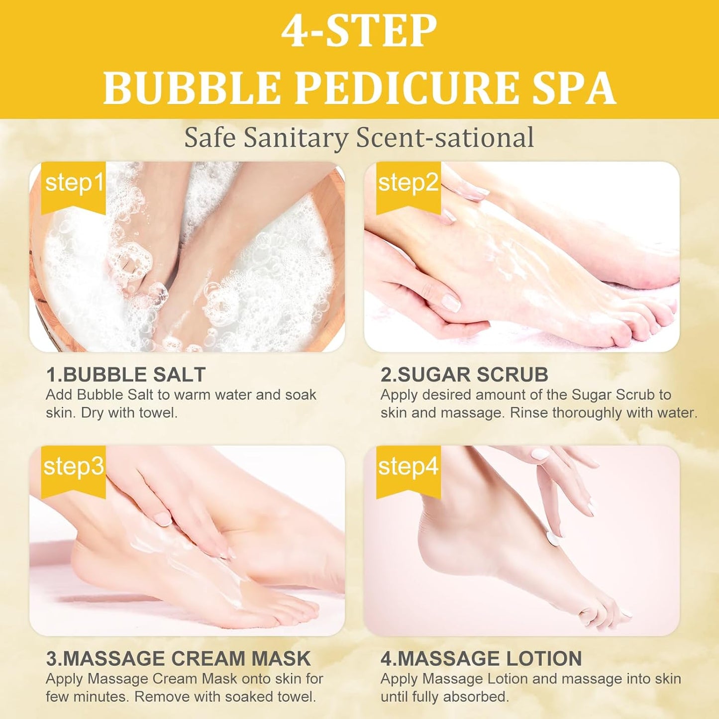 Pedicure Kit Foot Soak Set: Bubble Salt, Sugar Scrub, Massage Mask, Massage Lotion in a Box, 4 Step Foot Spa Kit for Dry Feet,Tired Feet （1 Set Mango)