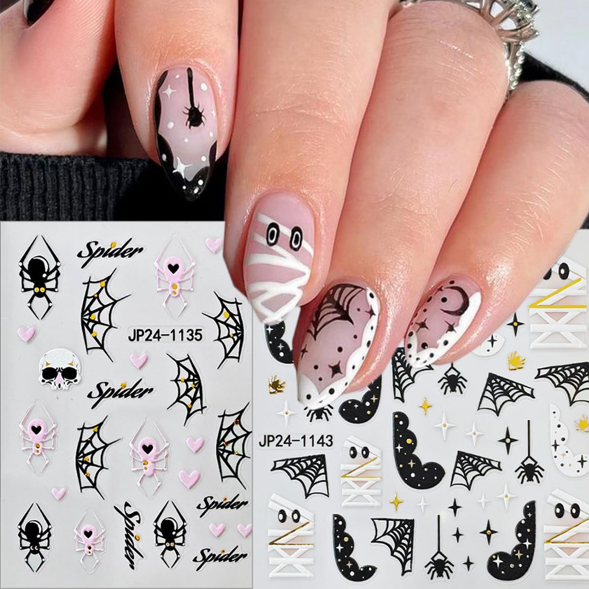 4 Sheets Halloween Nail Stickers 5D Embossed Self-Adhesive Mummy Nail Decals Cute Ghost Pumpkin Spider Web Skull Nails Design Stickers Halloween Nails Art Supplies for Women Holiday DIY Manicure Decor