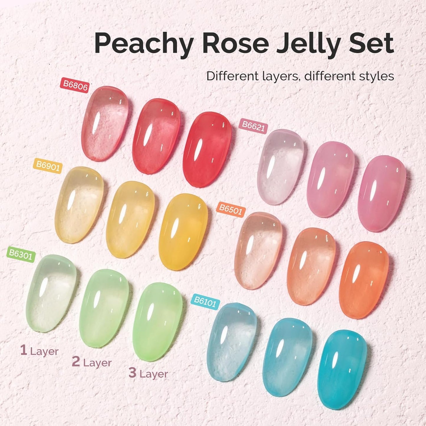MelodySusie Jelly Gel Nail Polish Set,6 Transparent Colors,Milky or Jelly Texture,Spring and Summer Macaron Colors Soak Off UV LED Light Cure or Salon Manicure and Nail Art DIY at Home