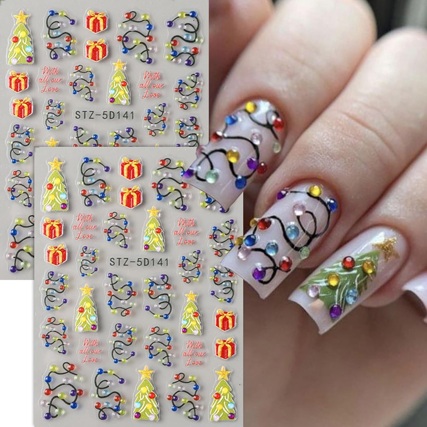 2Pcs Christmas Colorful Light Nail Art Stickers 5D Embossed Nail Decals Neon Lamp Xmas Tree Gifts Design Manicure Sliders Self-Adhesive Winter Nail Art Supplies for Women New Year Nail Decoration