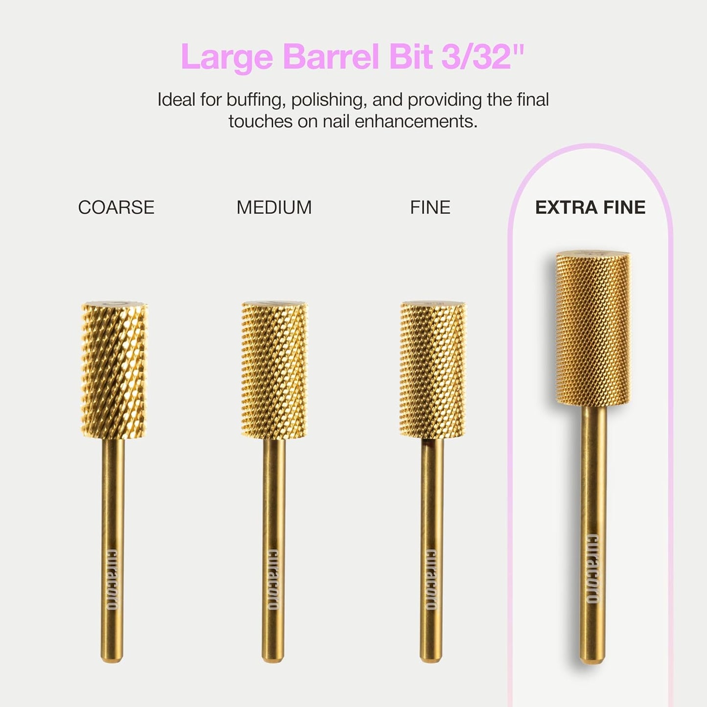 Curacoro Nail Drill Bits 3/32'' - Safe Smooth Stop Large Barrel Carbide Bit (Extra Fine) for Flawless, High-Shine Finish, Refine & Perfect Nail Enhancements, Nail Art Pedicure Manicure Salon & Home