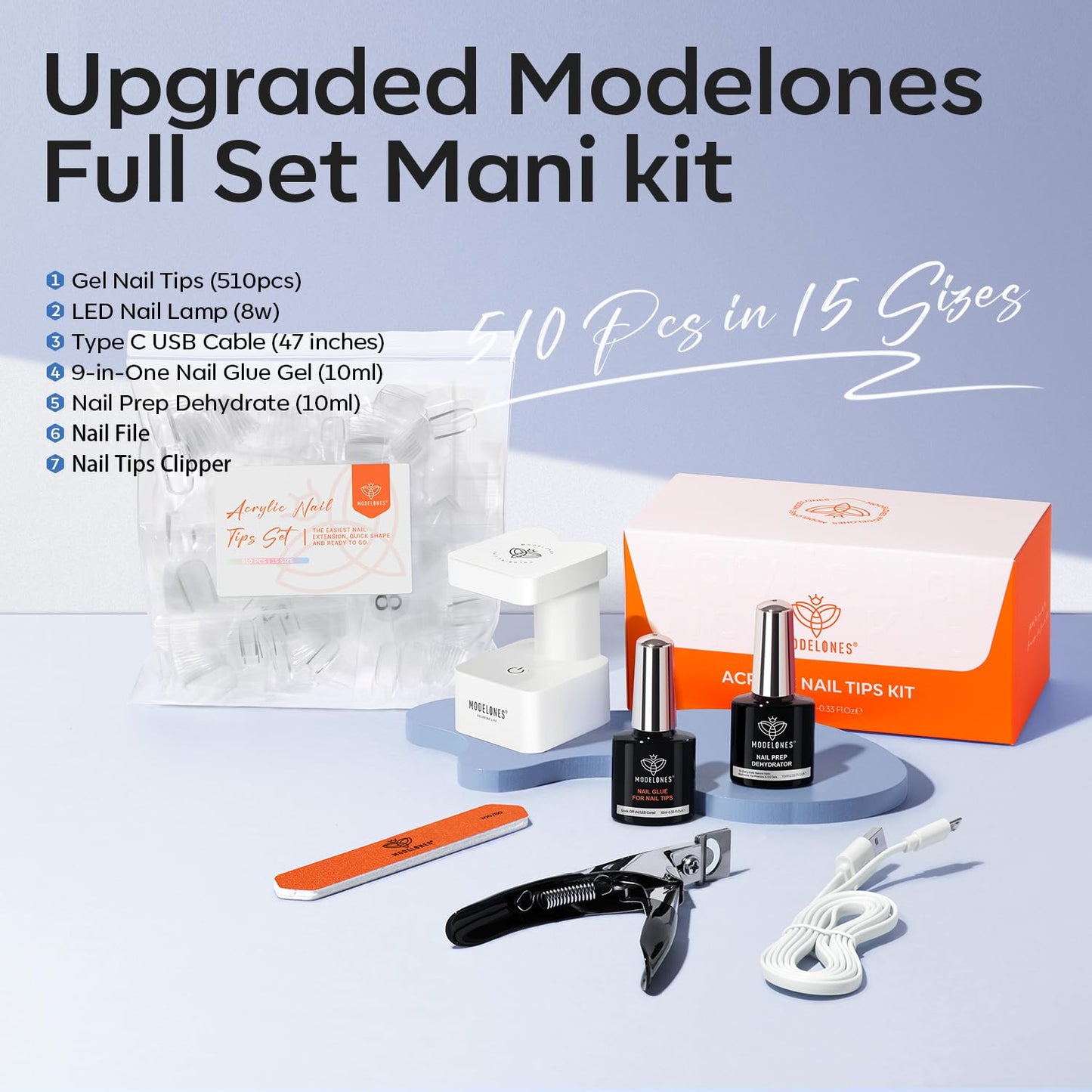 modelones Gel Nail Kit Short Coffin, Upgrade 510Pcs Fake Nails 15Sizes, 9-in-One Glue Prep Dehydrator & Mini U V Light Clipper, Pre-shaped Half Matte Press on Short Coffin Tips for DIY Salon