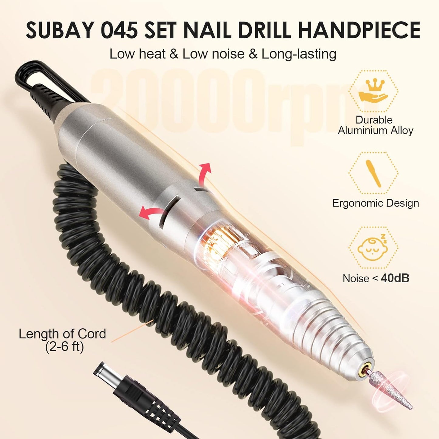 SUBAY Professional Finger Toe Nail Care Electric Nail Drill Machine Manicure Pedicure Kit Electric Nail Art File Drill with 1 Pack of Sanding Bands, White