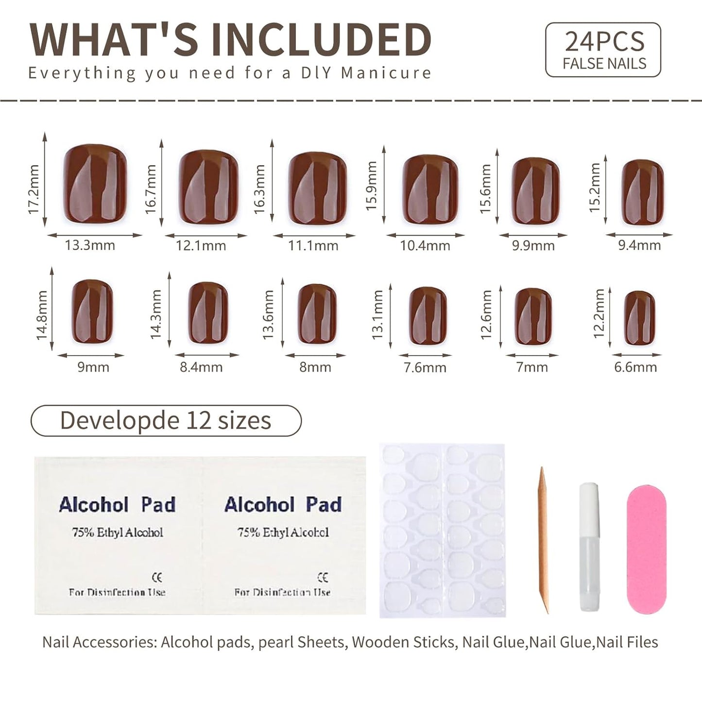 Press on Nails Short Square, Chocolate Brown Fake Nails Kit, Fashion Glossy Acrylic Press on Nail, Natural Stick on Nail, Thick Reusable Glue on Nails Short Press on Nail for Women