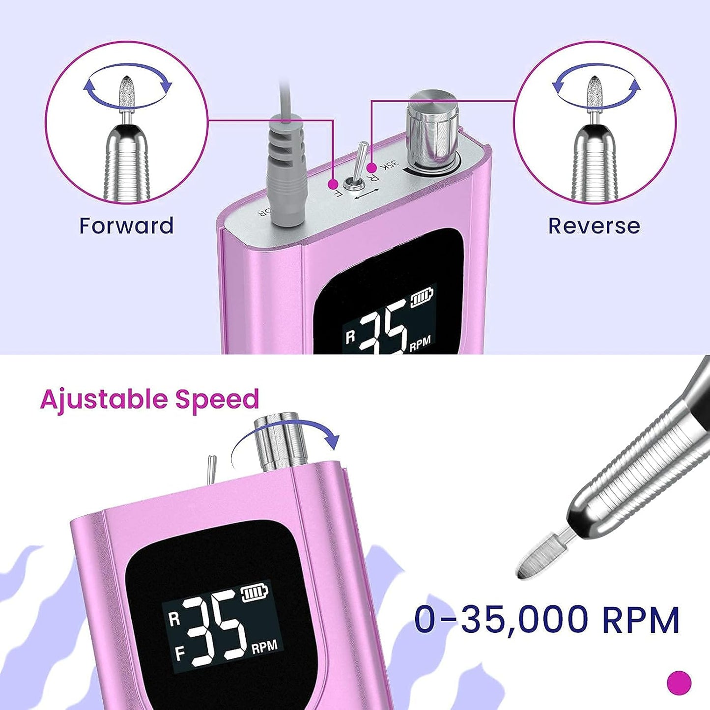 Delanie Electric Nail Drill Professional 35000 RPM Rechargeable Portable E-File for Nail Tech, Violet