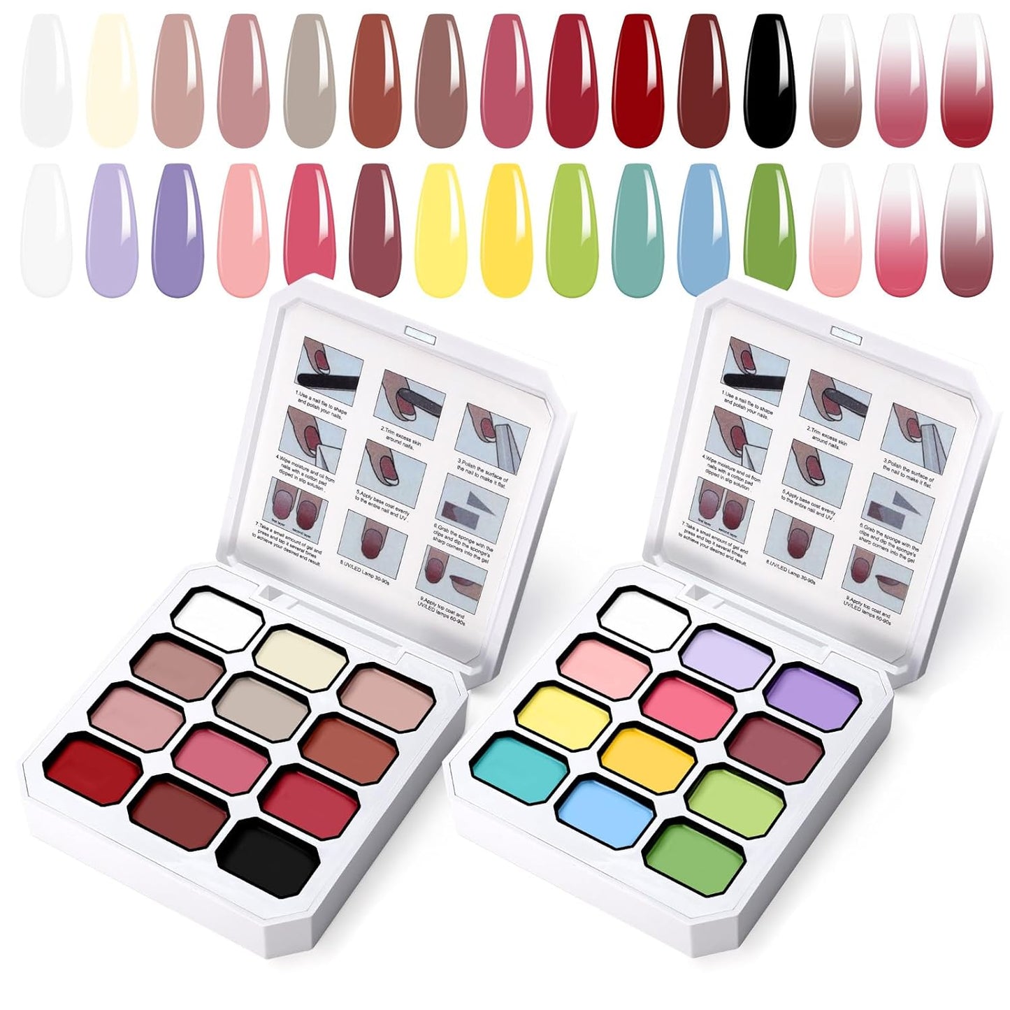 Gradient Painting Gel Set, 24 Nude Almond Black White Bright Colors Ombre Gel Nail Polish for Pigment Pat Nail Gel Kit, Silky Texture, French Manicure DIY Nail Art, No-wipe Soak of UV