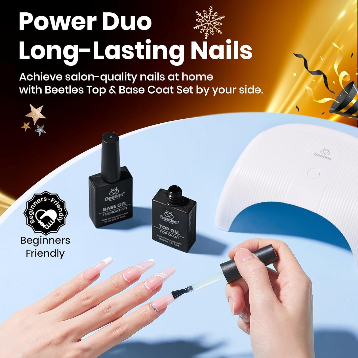 Beetles No Wipe Gel Top Coat and Base Coat Set for Gel Nail Polish - 2Pcs 15ml Super Shiny and Long Lasting Soak Off UV/LED Lamp Needed, Christmas Nail Art Design Gift