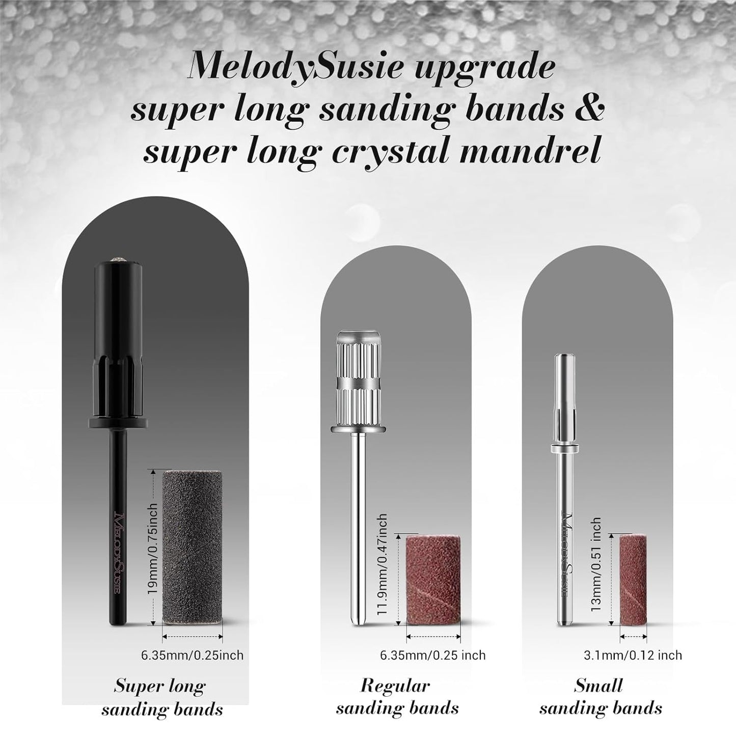 MelodySusie 50 Pcs Nail Drill Bits Super Long Sanding Bands with 6.65mm Crystal Mandrel Bit, 180 Fine Grit Nail File for Acrylic Nails Gel Manicures and Pedicure, Black