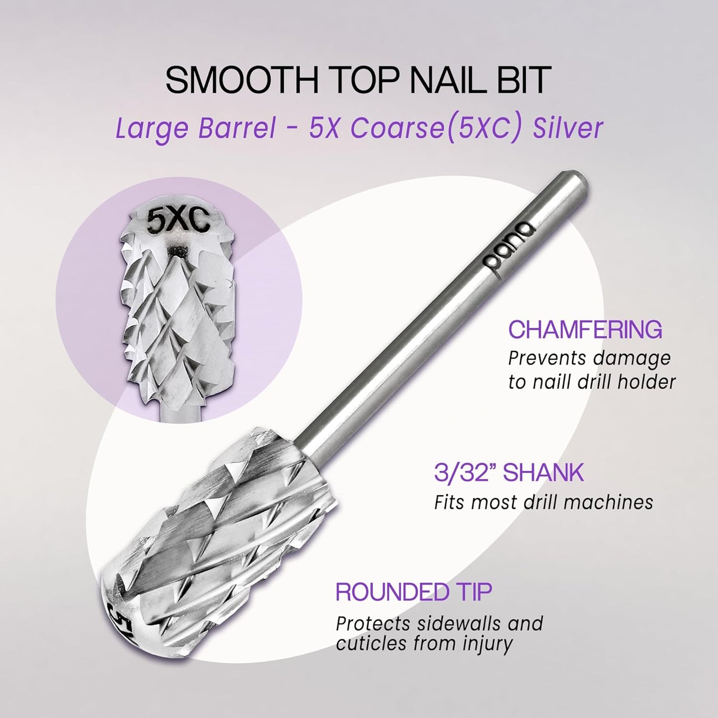 PANA 3/32" Large Smooth Round Top Safety Carbide Nail Drill Bit for Gel Polish & Acrylic Removal Nail Salon Manicure Pedicure Electric File Tools (Large Barrel - Silver, 5X Coarse)