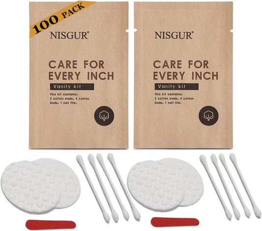 Cotton Pad Cotton Swab and Nail File Kit Kraft Paper Individually Wrapped 100 PCS Hotel Vanity Kit Hotel Supplies and Toiletries Bulk