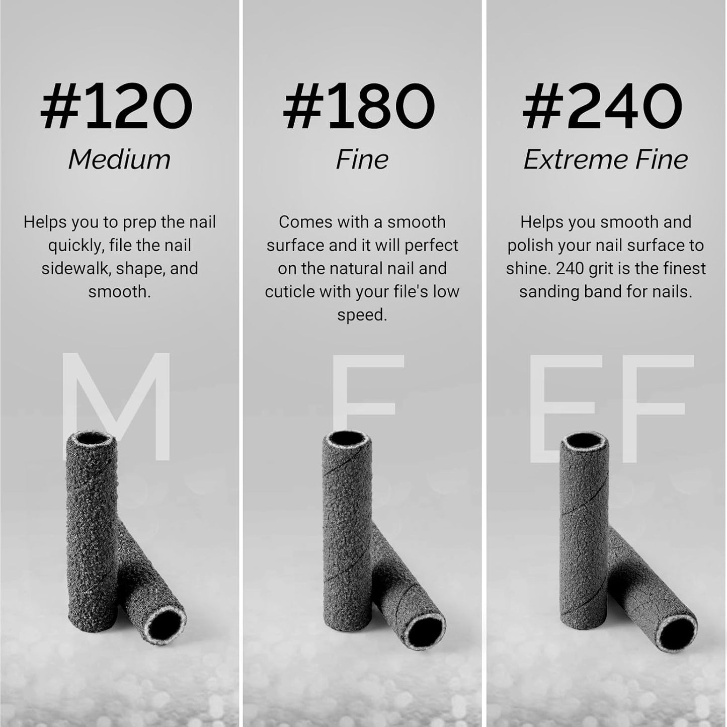 MelodySusie 50 Pcs Nail Drill Bits Super Long Small Sanding Bands with 3.1mm Crystal Mandrel Bit, 120 Medium Grit Nail File for Acrylic Nails Gel Manicures and Pedicure, Black