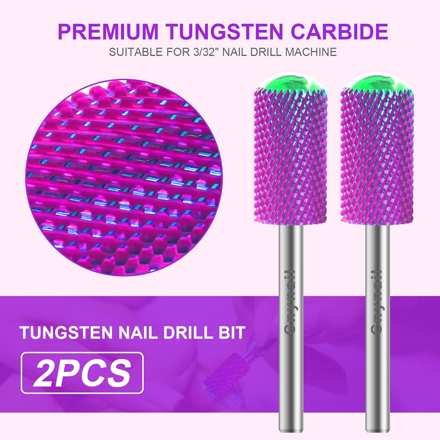 3/32" 2PCS Large Barrel Smooth Round Top Tungsten Carbide Nail Drill Bit Safety Bit for Gel & Acrylic Removal, 2-Way Rotating Efile Tip, Salon Electric File Accessory (M Grit, Purple)