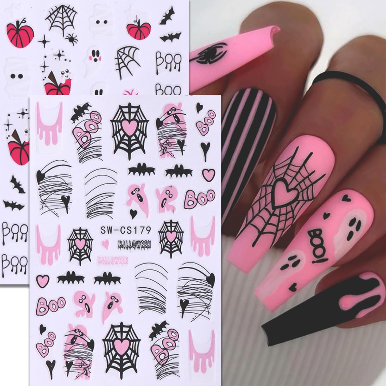 6 Sheets Halloween Nail Art Stickers,3D Cute Nail Decals White Ghost DIY Nail Tips Sticker for Halloween Party, Skull Pumpkin Star Ghost Bat Spider Web Self-Adhesive Designs Manicure Decorations