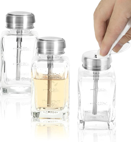 souG 3 Pcs 6 Oz/ 180 ml Clear Pump Dispenser Bottle with Metal Flip Cover Glass Nail Polish Remover Push Down Dispenser Bottle Refillable Push Down Pump Dispenser Press Container for Makeup Remover