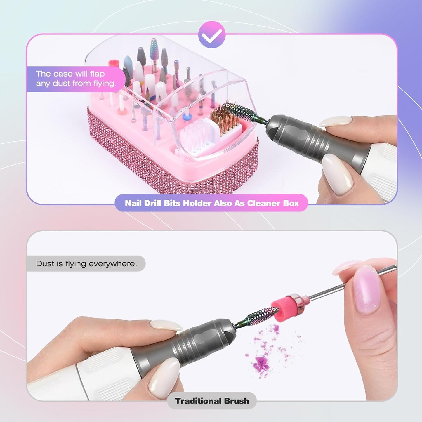 2 in 1 Nail Drill Bits Holder: 30 Holes Nail Bits Organizer Case with Cleaner Brush, Dustproof Efile Nail Tech Bits Storage Container Box Manicure Tools Accessories Display for Salon Home(Only Box)