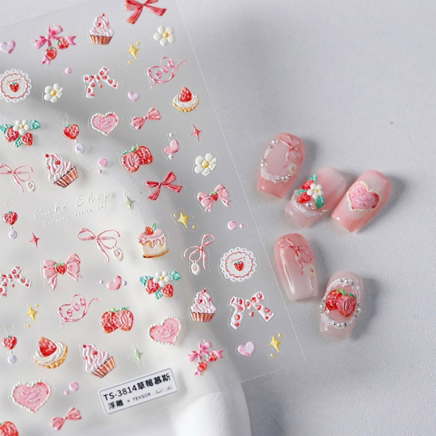 Strawberry Nail Stickers Pink Bow Nail Art Stickers 5D Self-Adhesive Nail Decals Strawberry Cake Nail Design Pink Nail Art Decoration Accessories for Women and Girls