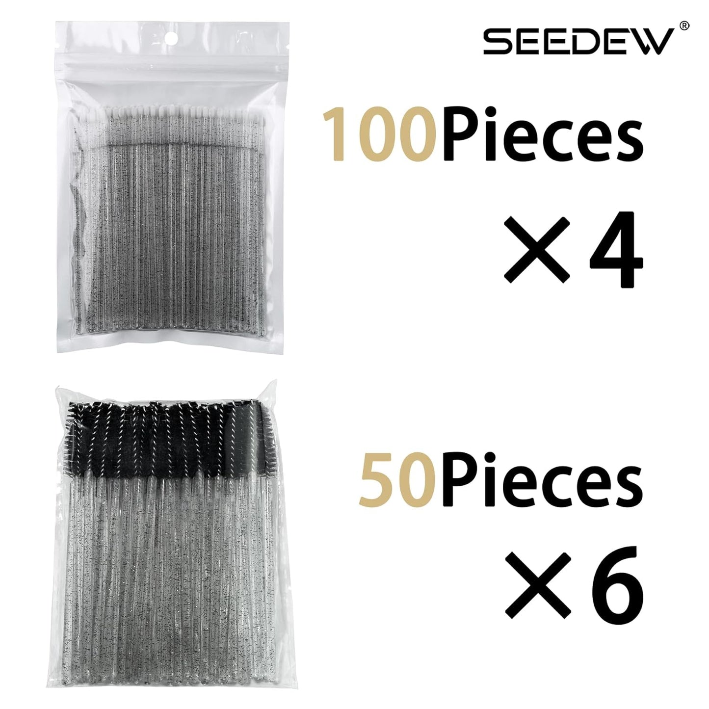 (400+300 Pieces) Black Crystal Handle - 400 Cotton Swabs + 300 Brushes for Lash Extensions, Makeup (Simple Packaging)-(Crystal Black)