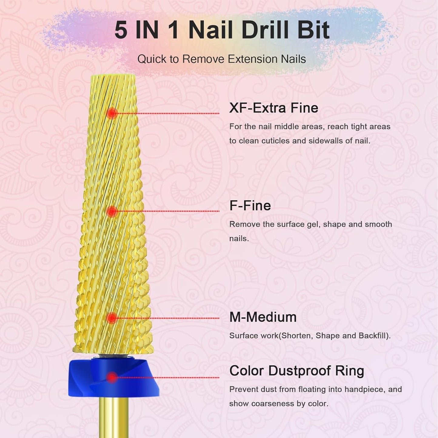 Depvko Super Long 5 in 1 Nail Drill Bits, 3/32'' Carbide Tungsten Bits, Two Way Rotate Professional Advanced Safety Bits for Nail, Fast Remove for Manicure Pedicure (Long 5in1-Gold, Medium-M)