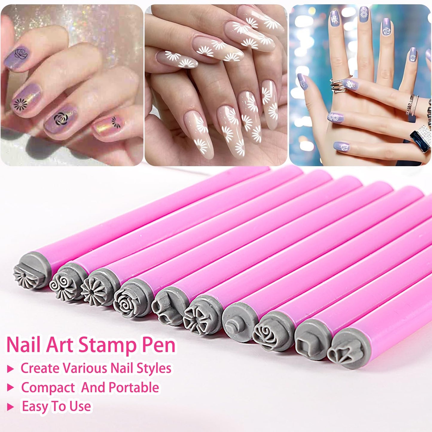 10pcs Nail Art Stamp Pen Set Flower Design Nail Stamping Pens Nail Stamp Tool Nail Art Stamps for Women