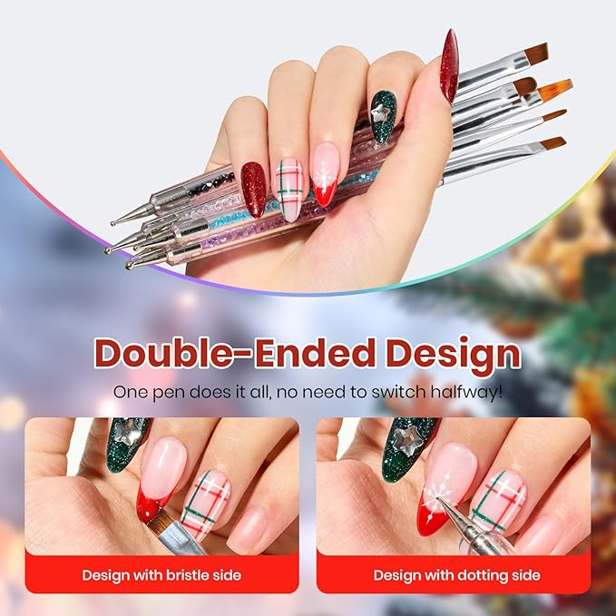Beetles Christmas Nail Art Brushes 8pcs – Crystal Christmas Nail Art Tools 5pcs Double-ended Nails Dotting Tool, 3pcs Striping Liner Brushes for Nails with Charms and Stickers Manicure Design Tools