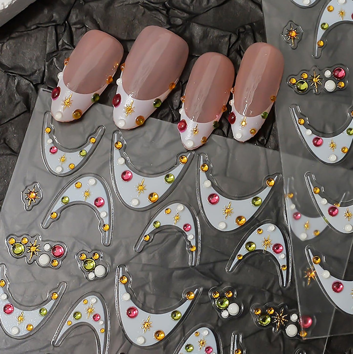 1 Sheets White French Tip Nail Decals for Nail Art 5d Star Diamond Nail Stickers Embossed French Tips Nail Art Stickers Self-Adhesive Colorful Rhinestones Stars Nail Design Sticker for Women