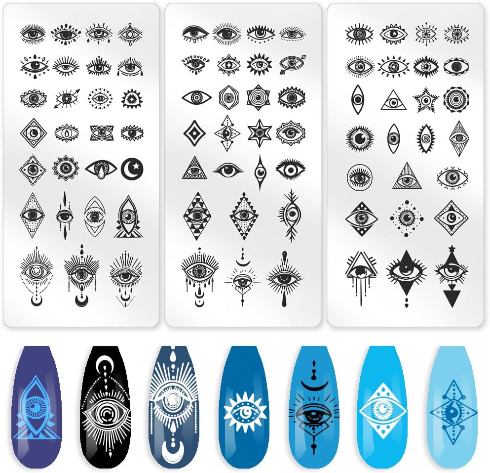 3Pcs Evil Eye Stamp for Nails Mystical Nail Art Stamp Templates Nail Plates Stamping Set Stainless Steel Reusable Tools with Stamper Scraper for Manicure Printing