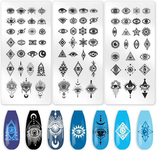 3Pcs Evil Eye Stamp for Nails Mystical Nail Art Stamp Templates Nail Plates Stamping Set Stainless Steel Reusable Tools with Stamper Scraper for Manicure Printing