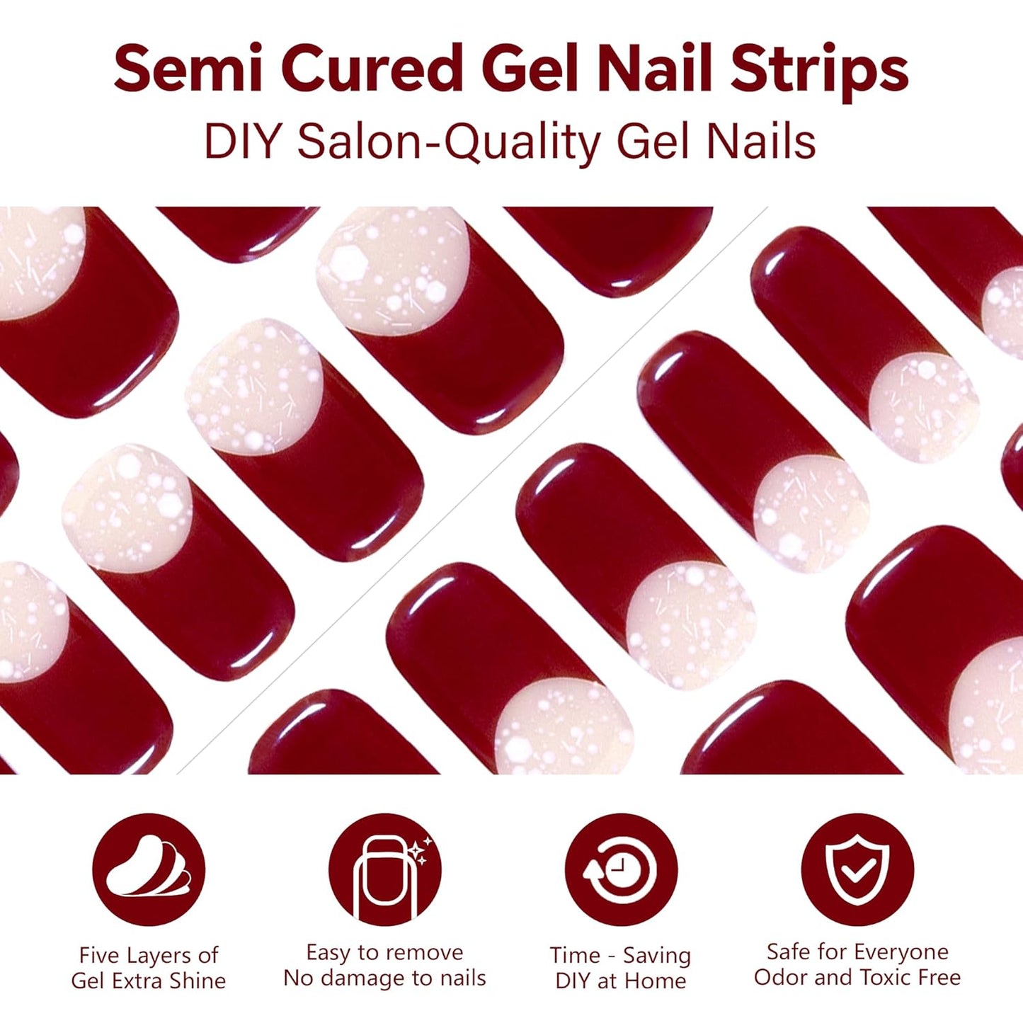 Semi Cured Gel Nail Strips-Christmas Nail Art Stickers Decals DIY New Year Xmas Holiday Nail Decor(Christmas Red French)