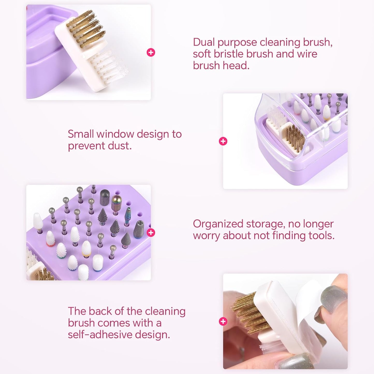 2 in 1 Nail Drill Bit Holder & Nail Drill Bit Cleaner Brush Case 30 Holes Dustproof Nail Drill Bit Display Stand Organizer Box Manicure Drill Bits Cleaning Brush Bits Storage Tool, Pink