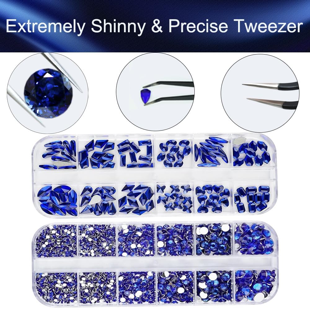 2680Pcs Royal Blue Nail Rhinestones Gems, 120pcs Multishapes Navy Blue Glass Big Nails Gem Stones with Bling Flatback Round Beads, Clear Diamond Rhinestone for DIY Face Eyes Makeup Crafts Decoration