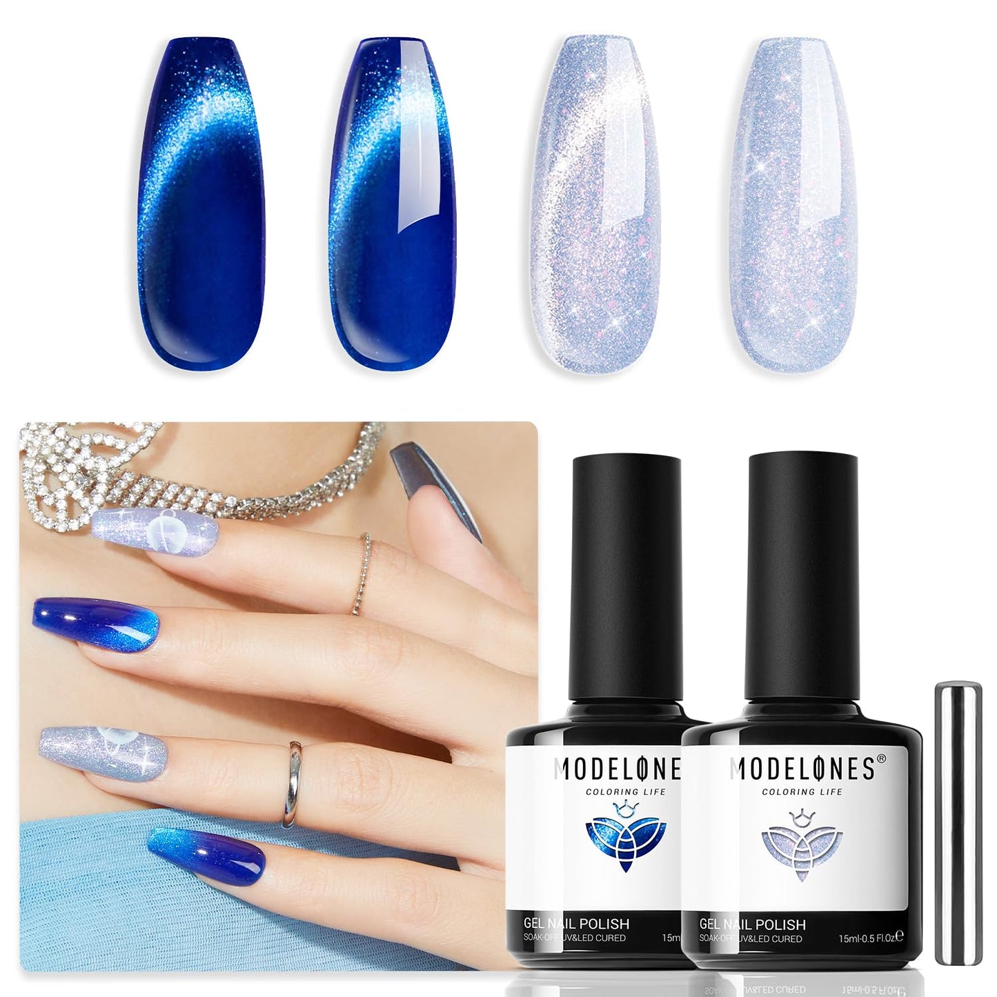 modelones Gel Nail Polish Set 2 PCS 15 ML Blue Cat Eye Gel Nail Polish Glitter Galaxy Dark Blue 9D With Magnet Light Shimmer Soak Off Led Nail Art DIY Salon For Women