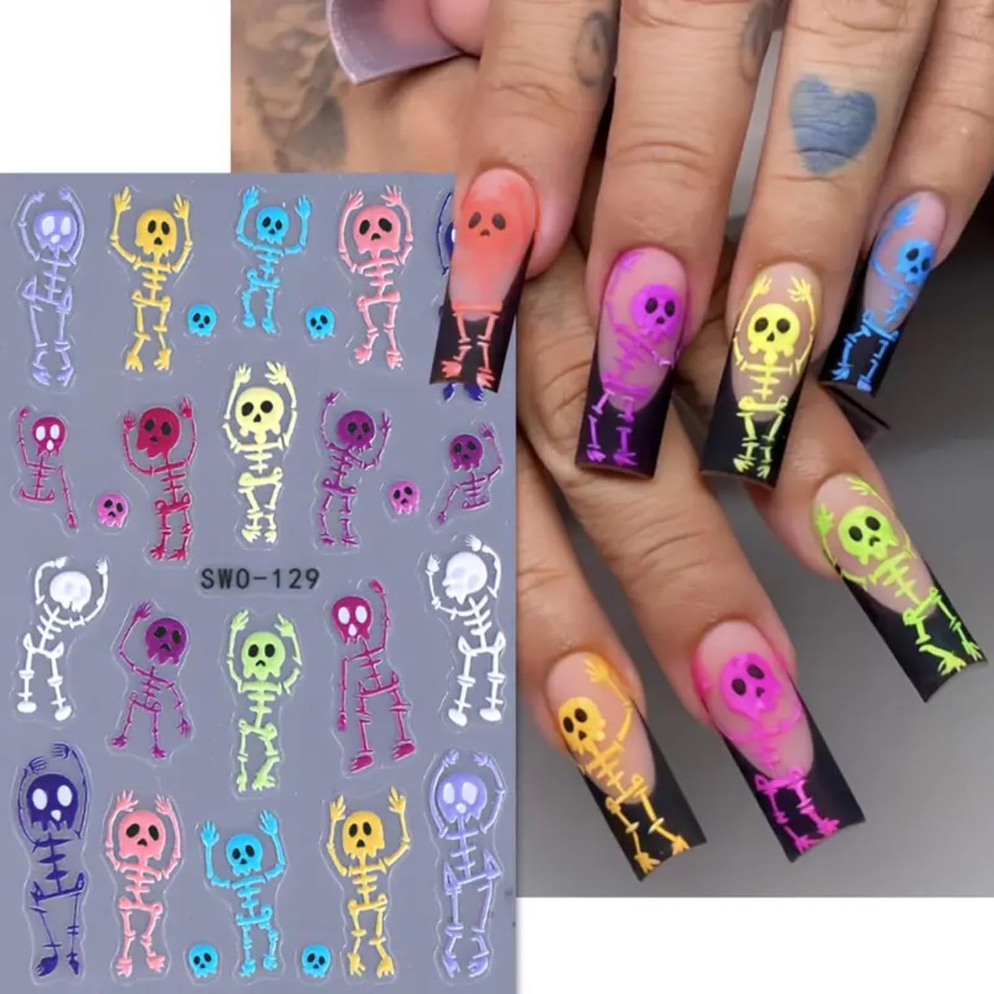 3 Sheets Halloween Skeleton Man Nail Art Stickers 5D Embossed Colorful Skull Nail Decals Funny Skeleton Bone Self-Adhesive Sliders Halloween Nail Art Supplies for Women Acrylic Nail Art Decorations