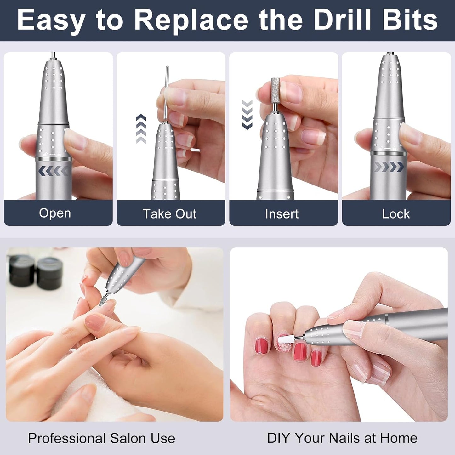 Electric Nail Drill Professional, Urbuti 45000RPM Nail Drill 4000mAh High Capacity Rechargeable Electric Nail File 11 Drill Bits Remover Gel Nail Polish Acrylic Nails Manicure for Salon Home(Gray)
