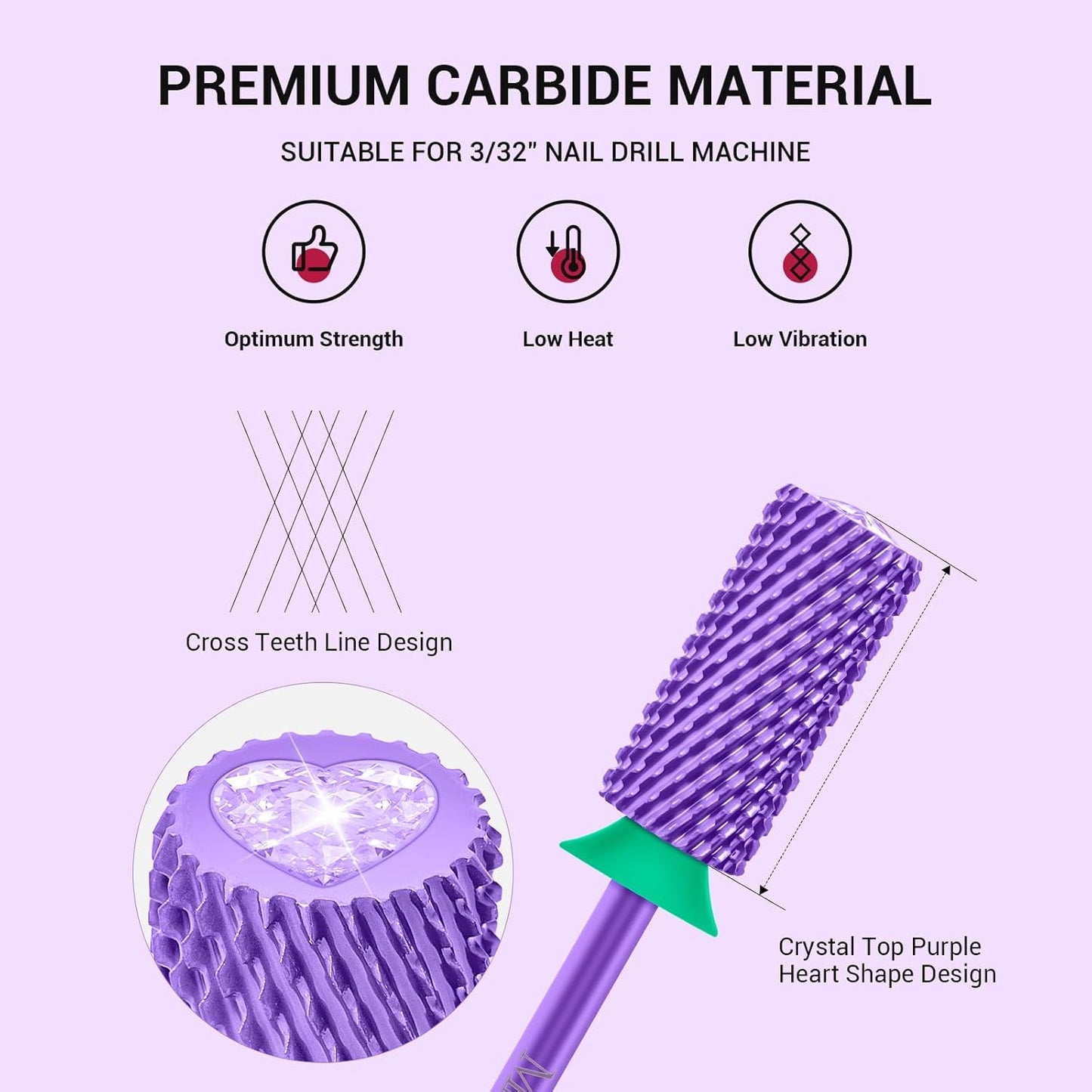 MelodySusie Large Barrel 3/32'' Tungsten Carbide Nail Drill Bit, Crystal Top Purple Heart Shape, Fast Remove Acrylic Gel, Cuticle Gel Polishing for Manicure Pedicure, Purple, Series Bit-S, Coarse