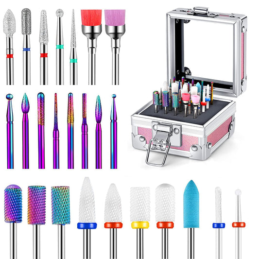 25Pcs Nail Drill Bits Set with Holder, 3/32 Inch Ceramic Tungsten Carbide Diamond Nail Drill Bit Cuticle Efile Remover for Home Salon Manicure Pedicure Acrylic Gel Polish