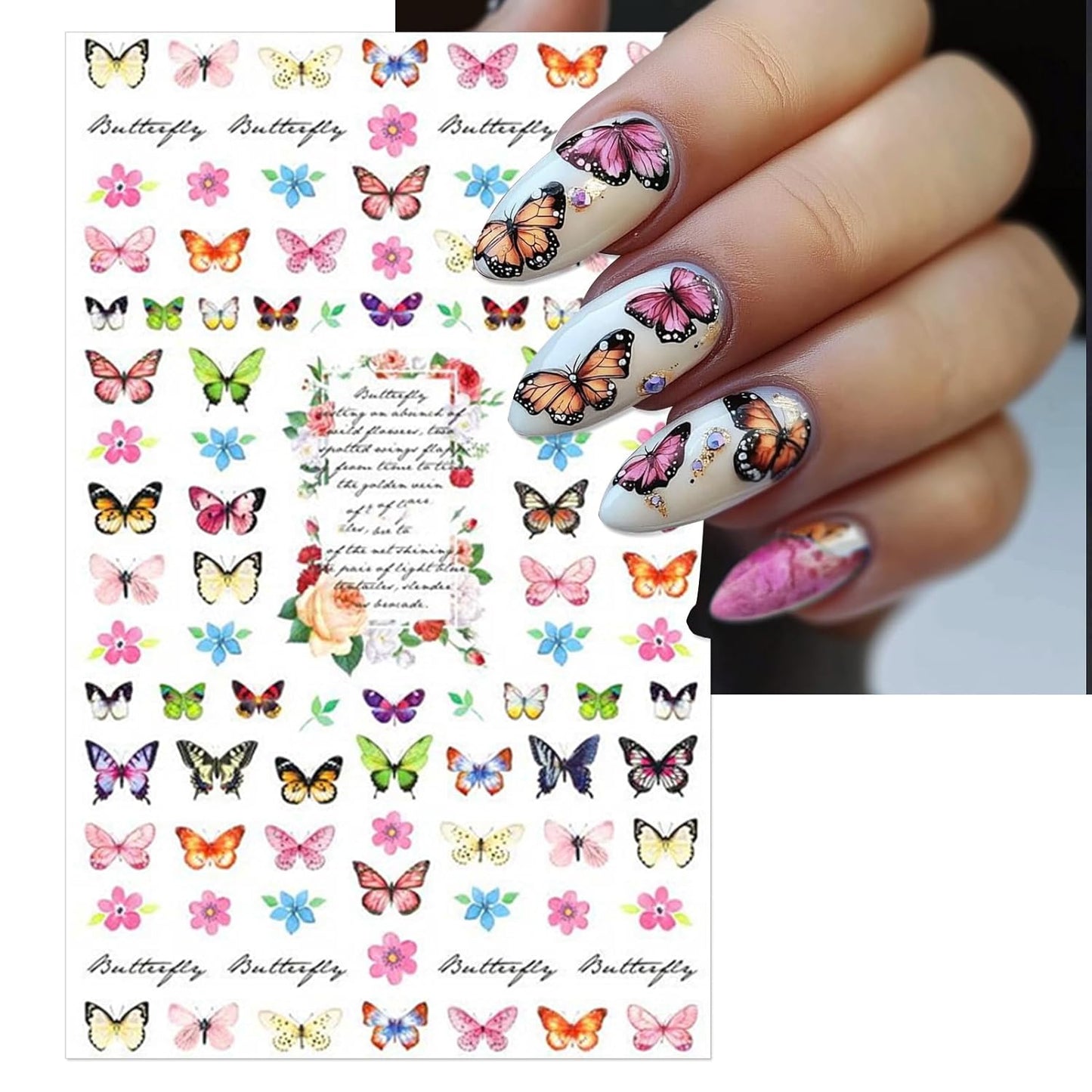 6 Sheets Butterflies Nail Art Stickers - Colorful Spring Flower Self-Adhesive Nail Decals for DIY Butterflies Wing Summer Floral Manicure
