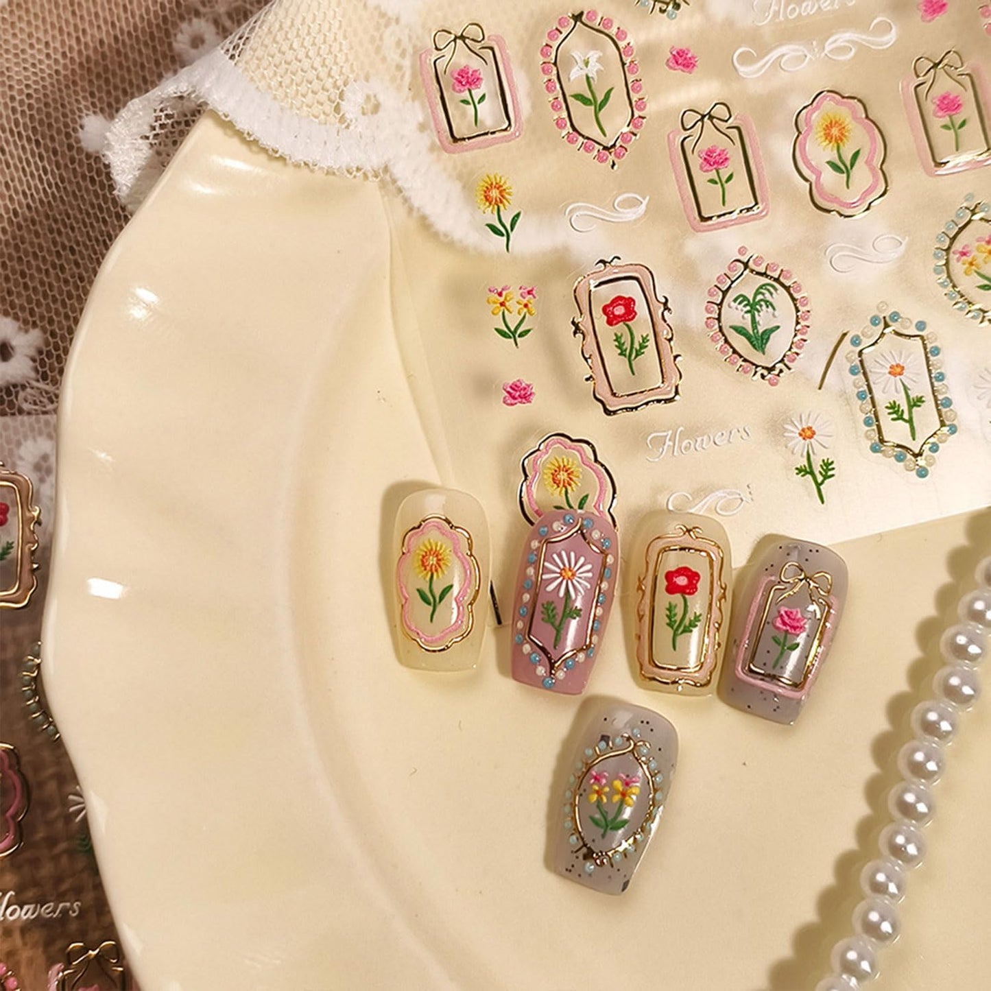 Flower Nail Decals Embossed Summer Tulip Nail Art Stickers 5D Self-Adhesive Gold Pink Nail Stickers Floral Nails Designs Decals Summer Nails Decoration for Women Girls