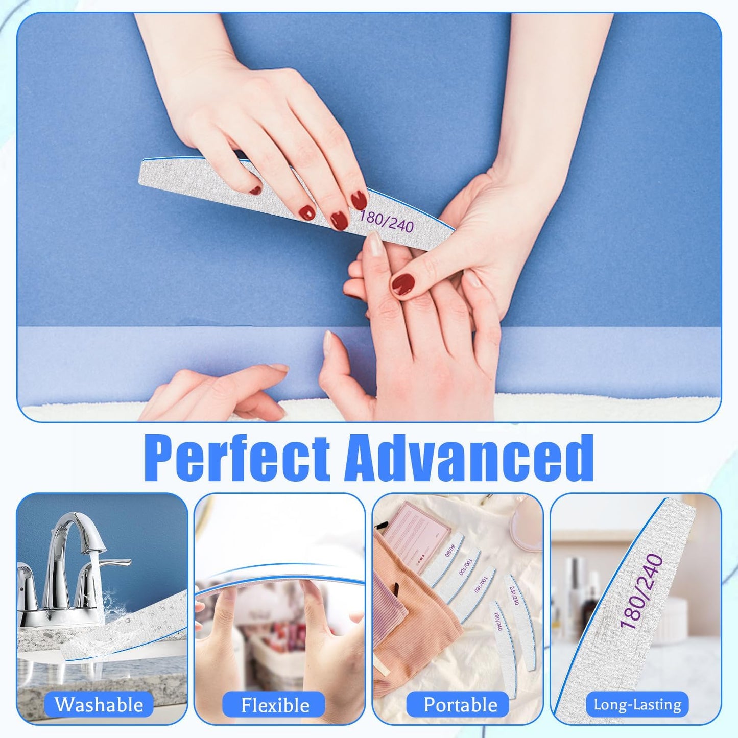 Nail File 12 PCS Professional Reusable 180/240 Grit Double Sides Washable Nail File Manicure Tools for Natural Nails and Acrylic Nails Tools Suit for Home Salon