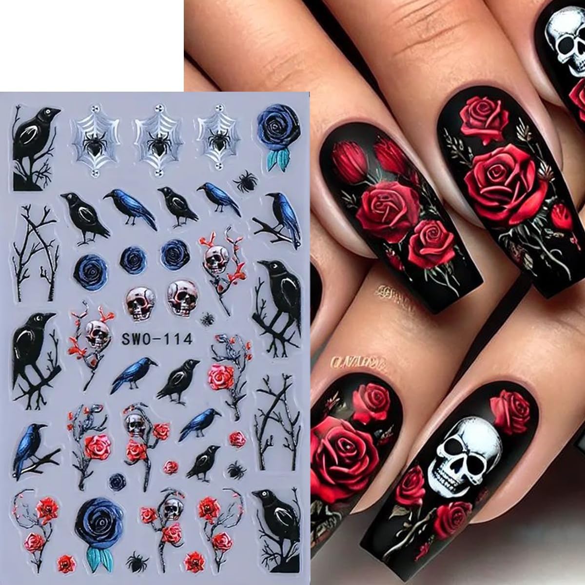 Halloween Nail Art Stickers Decals Black Style 5D Halloween Nail Stickers 2PCS Birds Skull Rose Spider Web Designs Nails Adhesive Decals Nail Art Supplies Holiday Manicure Sliders for Women