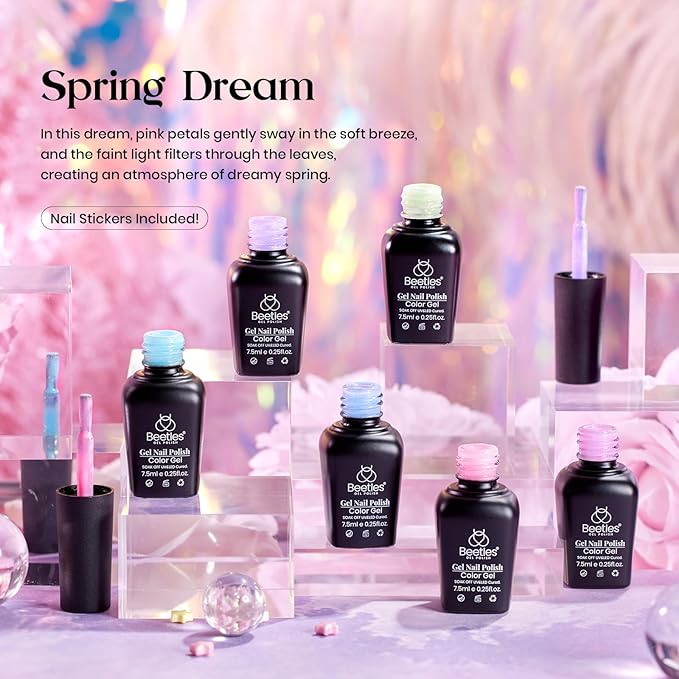 Beetles Shimmer Gel Nail Polish Set - 6 Colors Purple Glitter Blue Green Mermaid Pastel Nail Gel Drawing Soak Off Uv Led Needed with Pastel Sticker