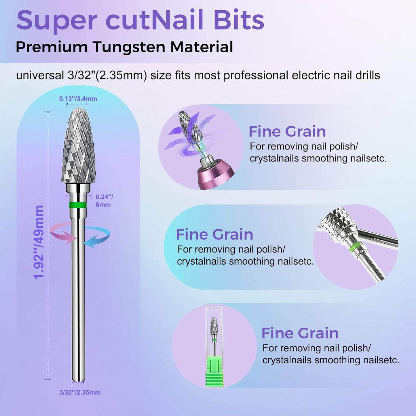 Fantexy 3/32" Carbide Nail Drill Bit - Remove Acrylic Hard Gels Quickly and Safely,Professional Cone Tungsten Drill Bits Set Nail File Acrylic for Manicure,Pedicure,Cuticle Cleaner (Coarse - C)